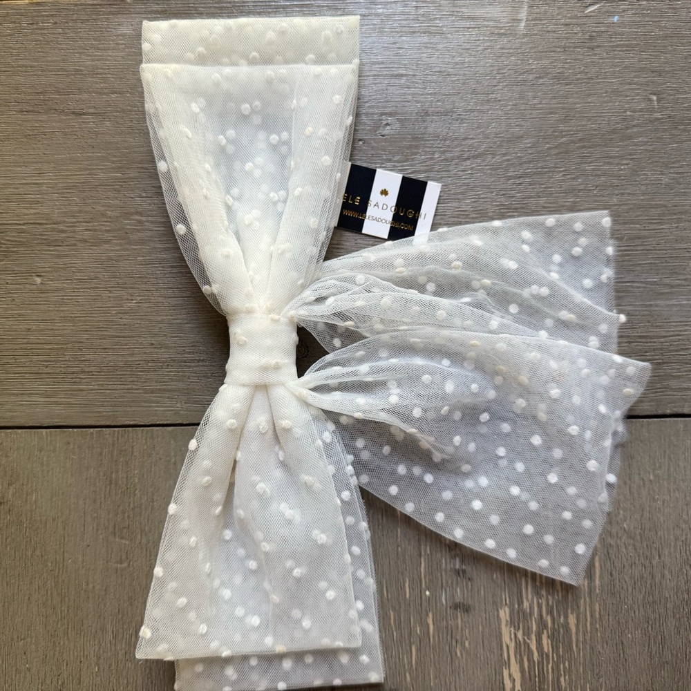 Lele Sadoughi White Tulle Polka Dot Fabric Bow Swiss Sheer Barrette NWT